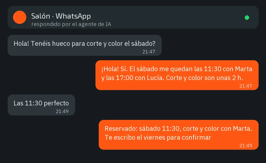 Agente de IA para reservas de peluquería por WhatsApp: confirma una cita de corte y color un sábado a las 21:47