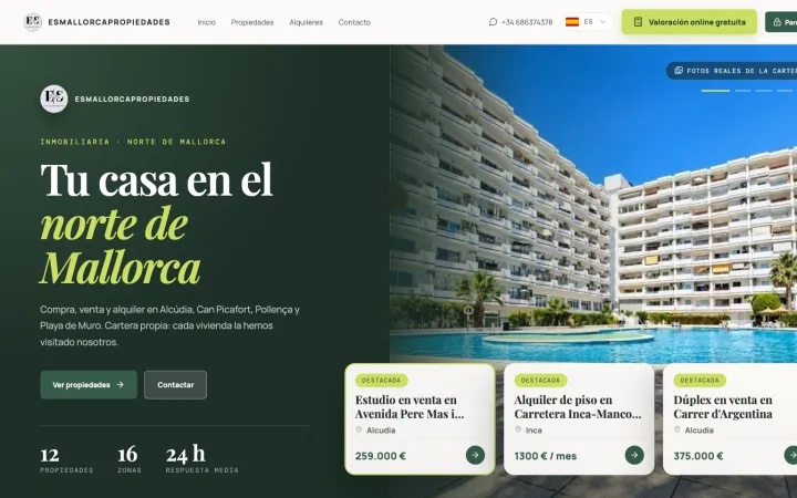 Portada de la web inmobiliaria que le hicimos a ES Mallorca Propiedades, con sus propiedades destacadas.