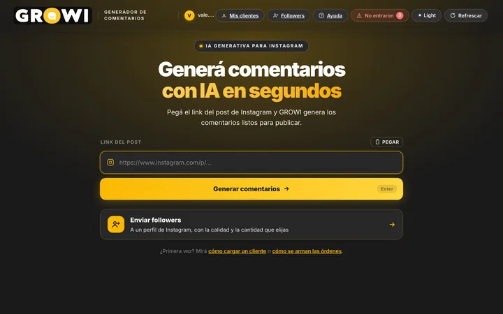 Pantalla principal de GROWI, el sistema que le construimos a Facundo para generar el engagement de sus clientes.