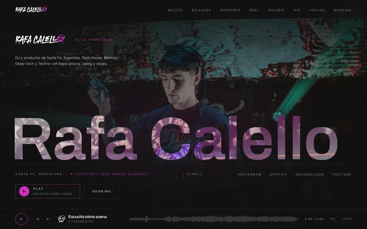 Portada del sitio web que le hicimos a Rafa Calello, DJ y productor.